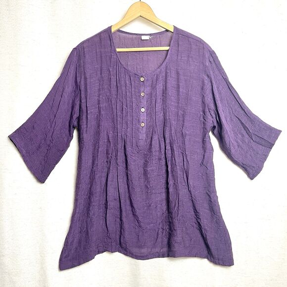 Lagenlook Blouse Silk Cotton Blend M Purple Buttons 3/4‎ Sleeve - Picture 1 of 6